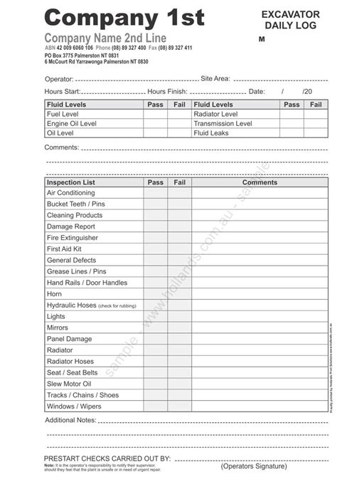 mini excavator log book|equipment usage log book.